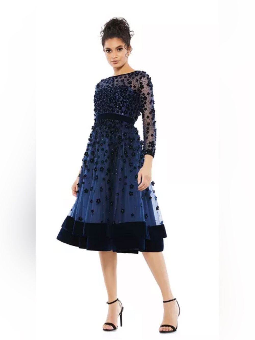 Mac Duggal Midnight Blue Elegant Tea Length Cocktail Dress